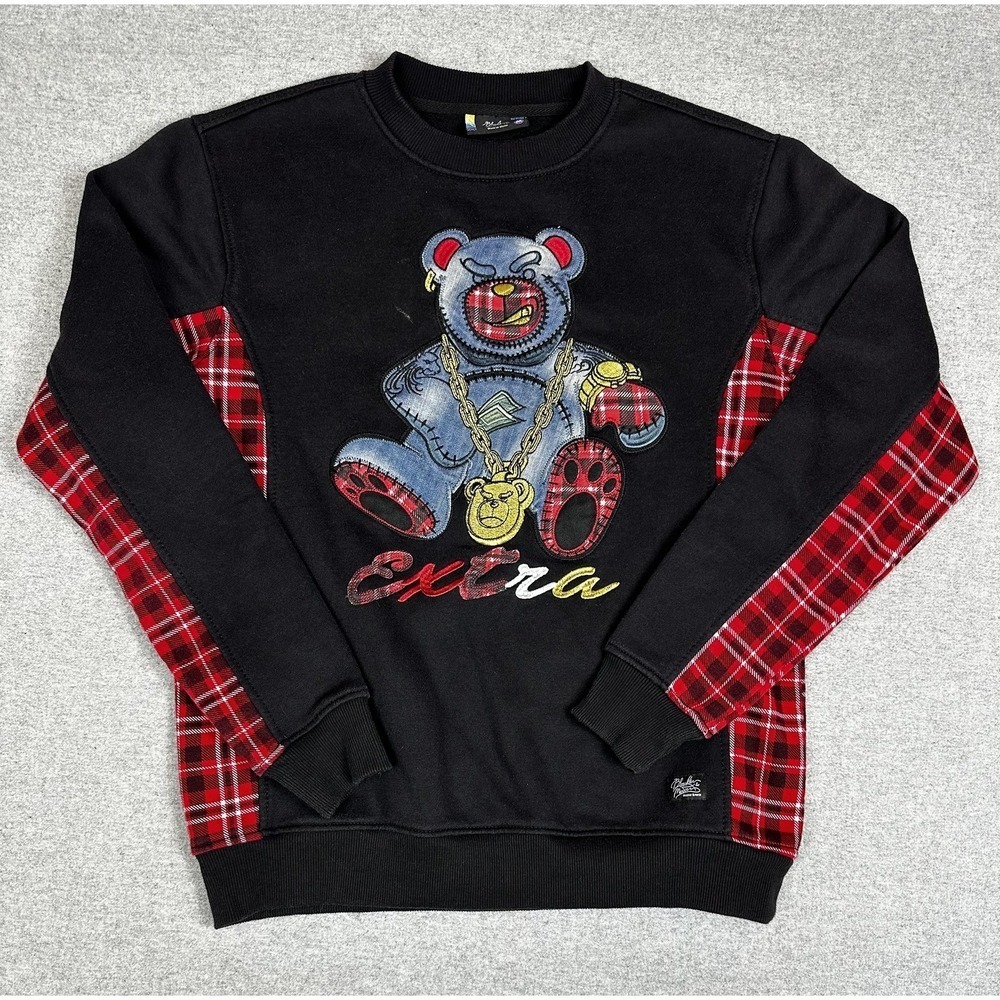 Bleeker & Mercer Sweatshirt‎ Mens Medium Black Red Plaid Bear Extra Graphic